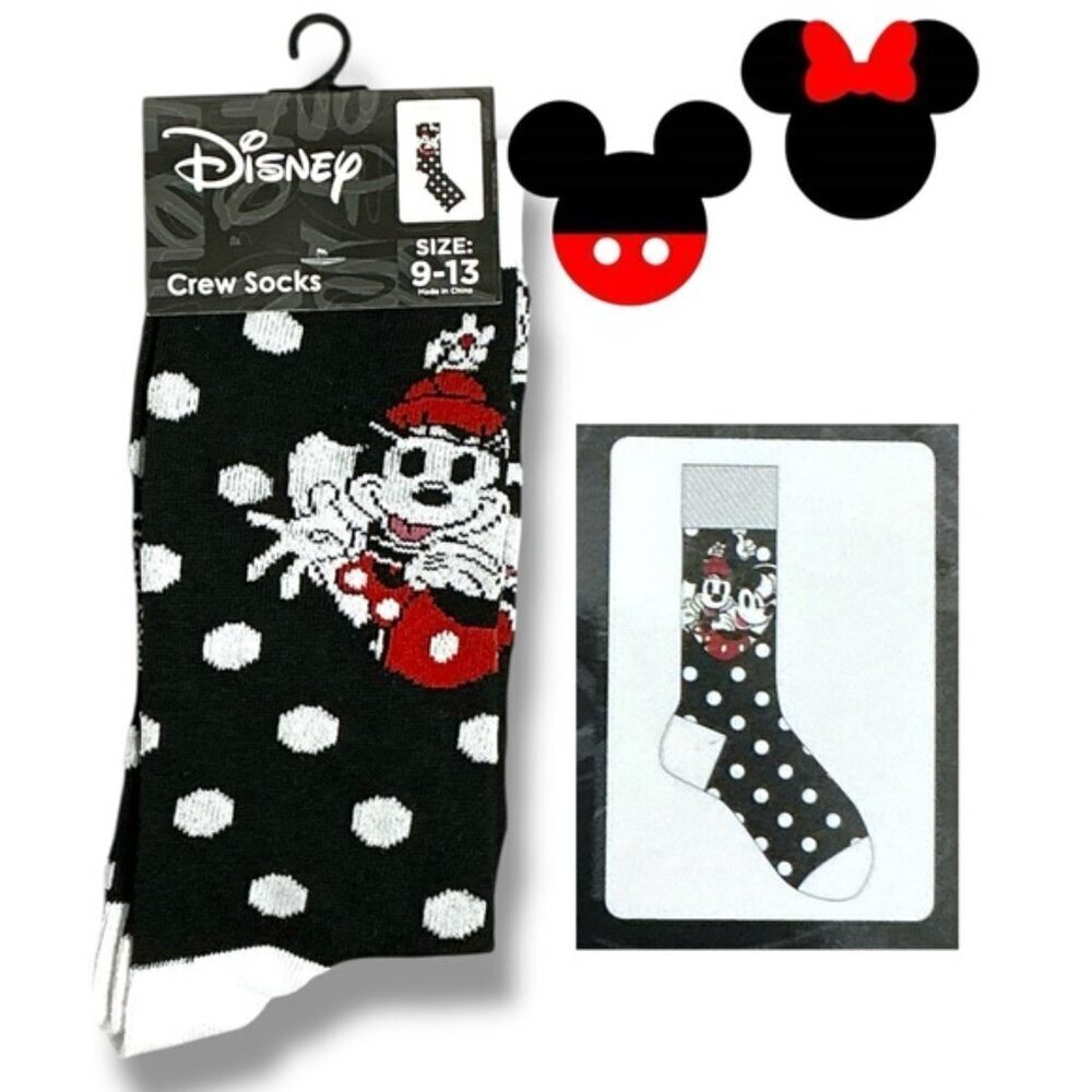Disney Minnie Mickey Mouse Crew Socks Polka Dot Black White Crew Unisex Mens OS - Picture 10 of 16